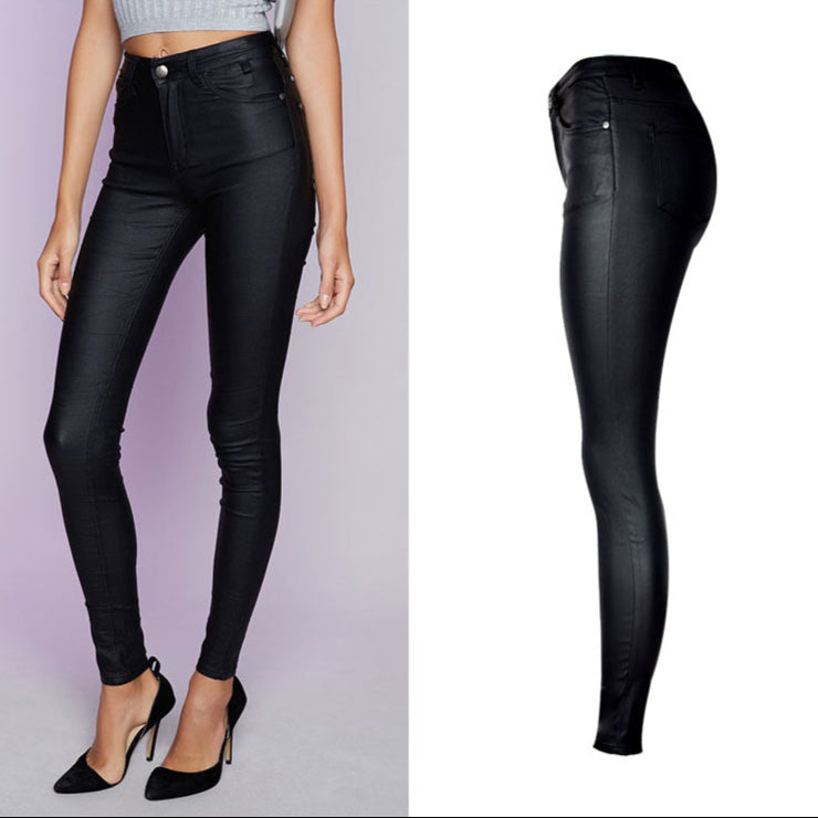 European And American Women's High-waist Slim-fit Stretch-coated Leather-like Pants Denim Leggings PU Pocket For Bike Easy-fit Large Size