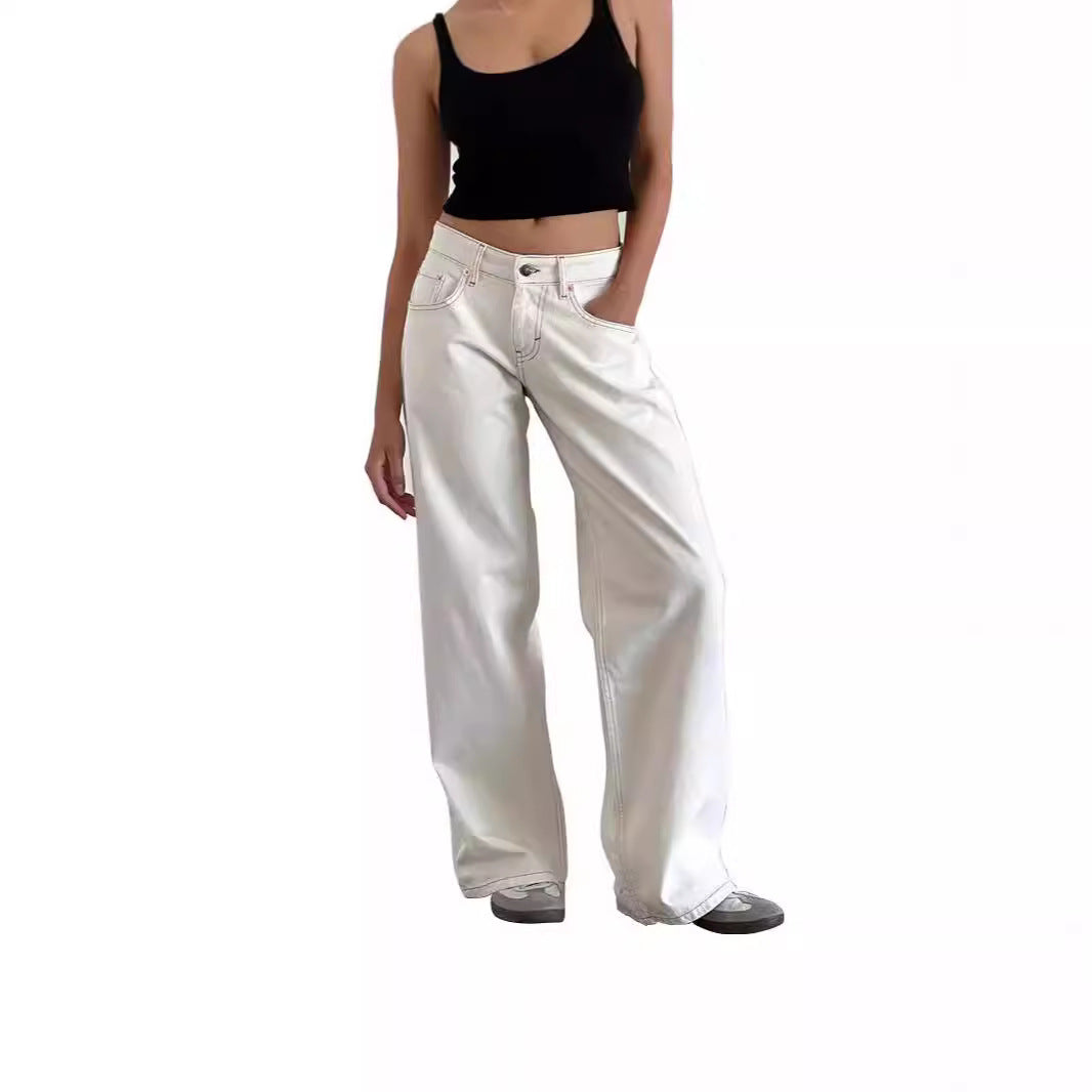 American Style Retro Low Waist Non-Elastic Washed Straight Jeans Women's Autumn New Street Wide Leg Denim Women's Pants