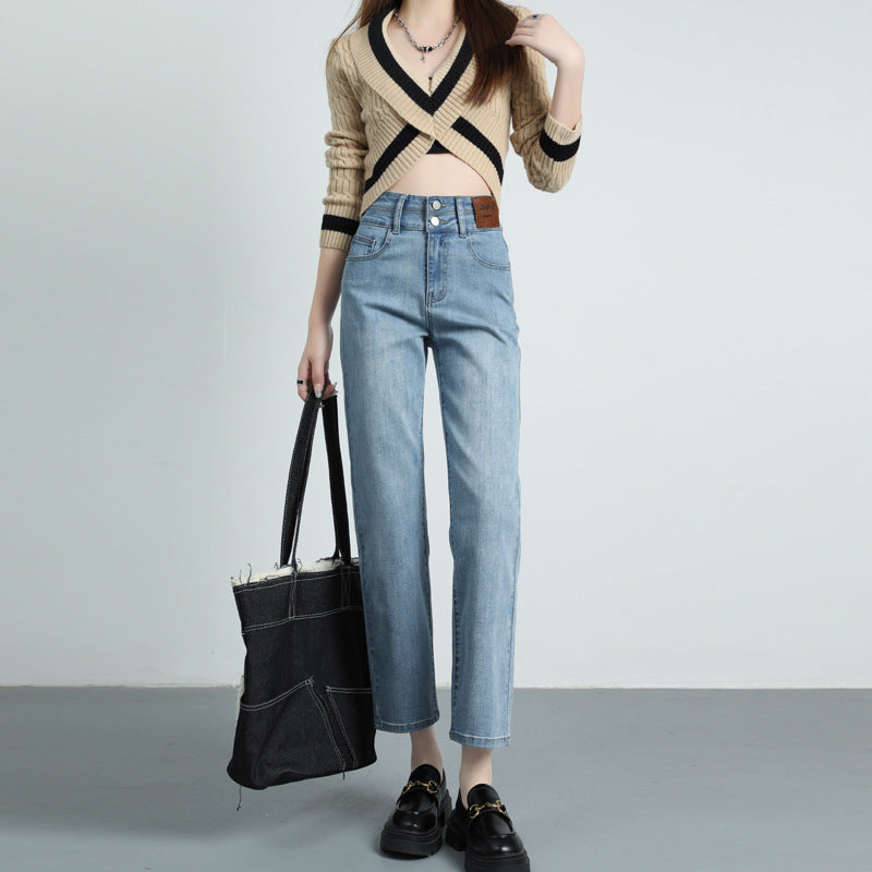 2025 Spring And Summer Hot Style Tall And Slim Straight-Leg Nine-Point Jeans Women's Fashionable High Waist Leg-Length Cigarette Pants