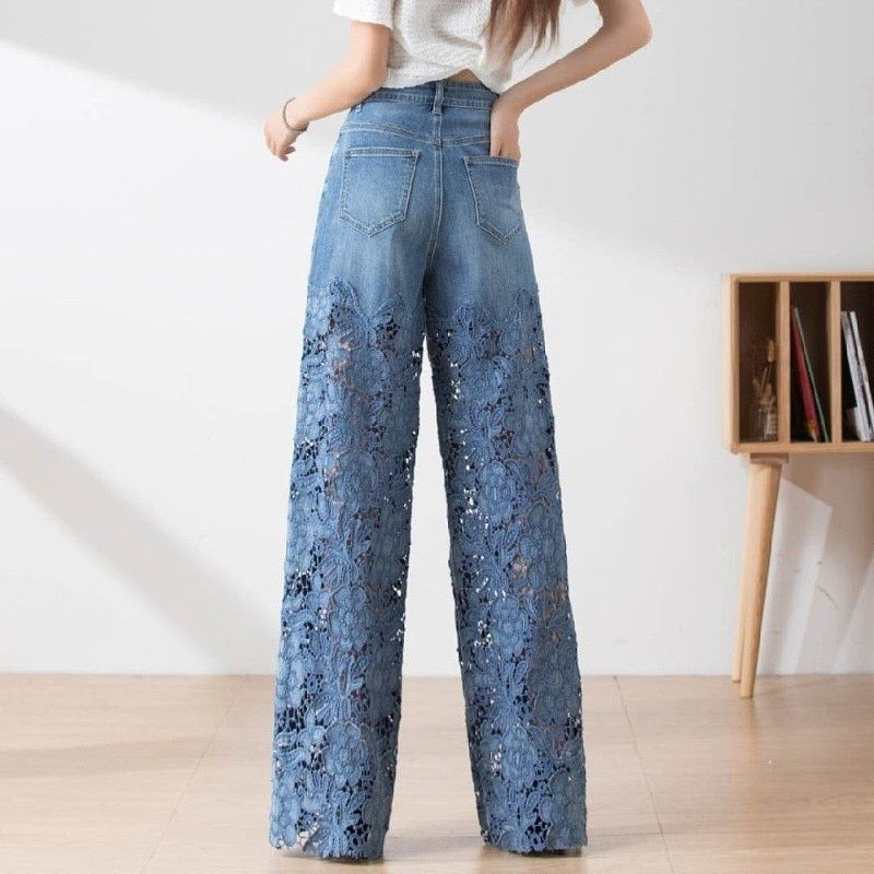 High-Waisted Wide-Leg Pants For Women 2025 Summer New Fashion Elegant Versatile Hollow Lace Splicing Denim Draped Pants
