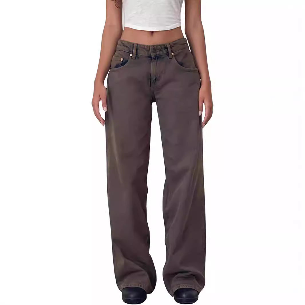 American Style Retro Low Waist Non-Elastic Washed Straight Jeans Women's Autumn New Street Wide Leg Denim Women's Pants