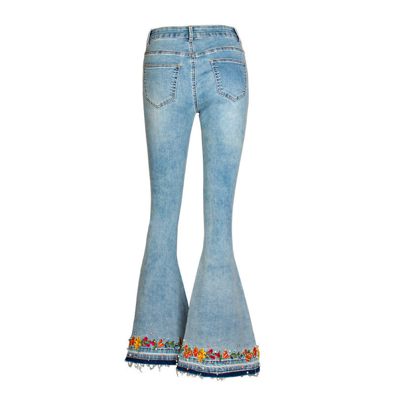 Flared Jeans Women's European And American Heavy Industry 3D Embroidered Women's Jeans New Women's Rivet Denim Pants