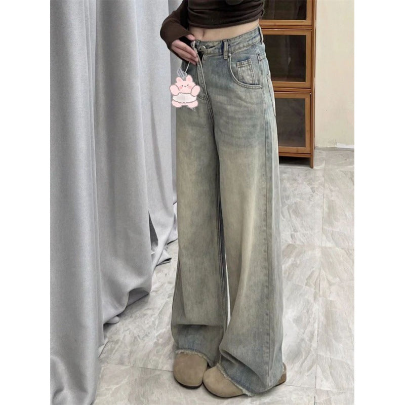 Small Tall Distressed Cement Frayed Straight Jeans For Women 2024 Spring And Summer New Draping Pants