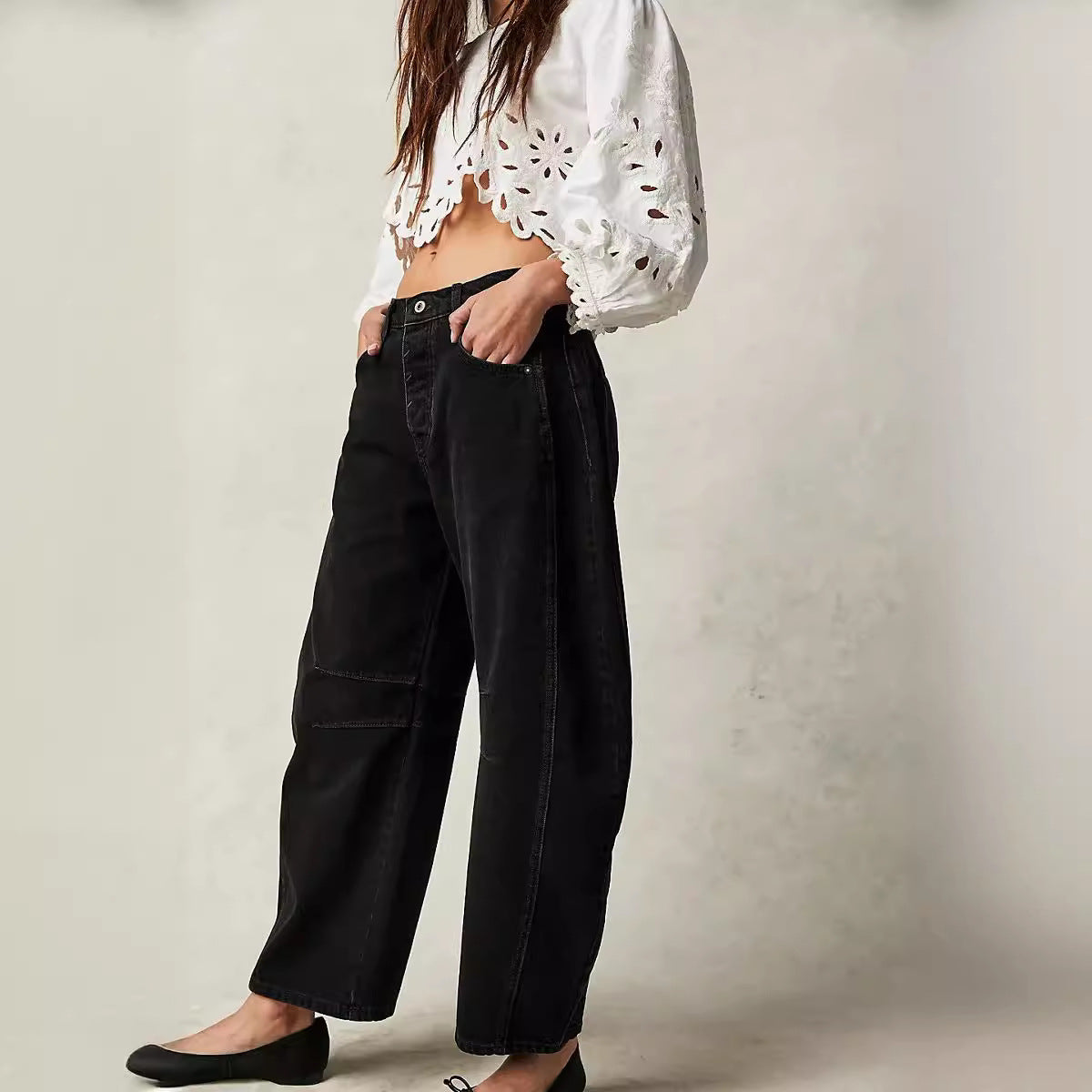 2025 European And American Cross-Border Temu Fashionable Casual Women's Loose Wide-Leg Pants Mid-Low Waist Washed Denim Pants