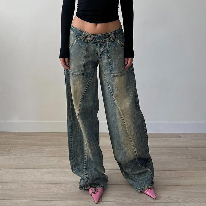 2024 Amazon Women's Clothing Base Washed Split Low Waist Loose Jeans Spice Girl Personality Slimming Casual Pants