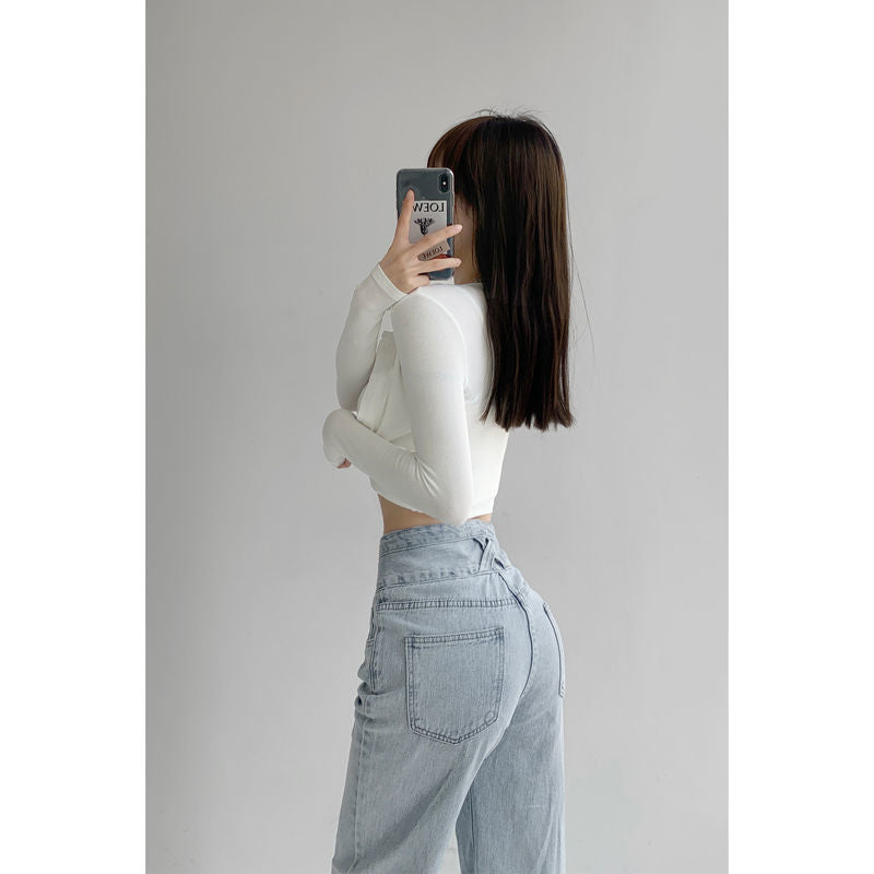 Hyun Ya Style Vintage High Waist Breasted Jeans Women's Summer Loose Straight Wide Leg Trousers All-match Slimming Floor-length Pants
