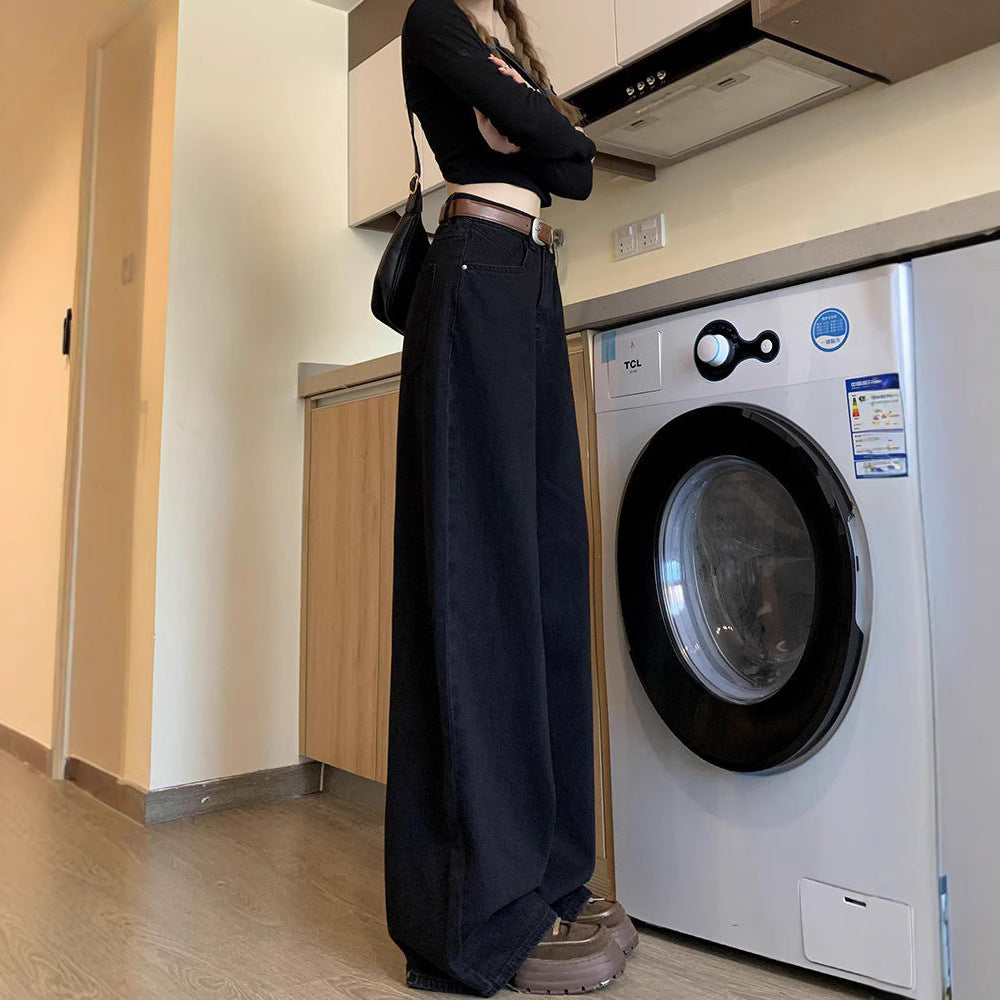 Spring New Design Black Retro Wide-Leg Jeans For Women High-Waisted Loose Slimming Straight-Leg Floor-Length Trousers