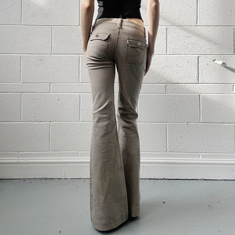 Sexy Spice Girl Low-waisted Slim-fit Slimming Pocket Flared Pants Women's Light Industrial Wear Cool Casual Jeans For Autumn 2024