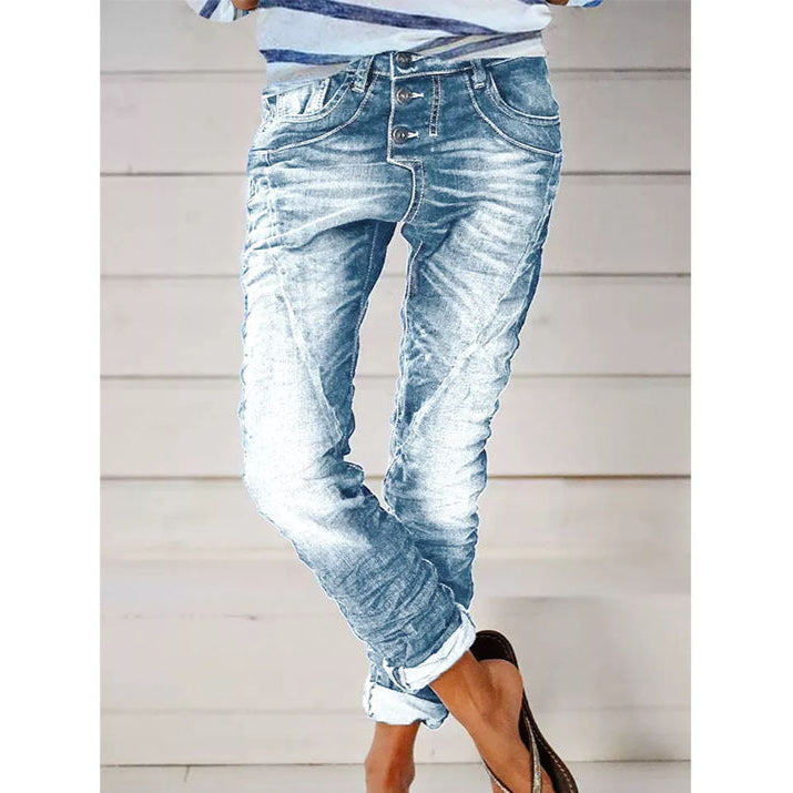 2022 New Product Cross-Border European And American Ripped Denim Drawstring Elastic Waist Washed Casual Pants For Women Trendy
