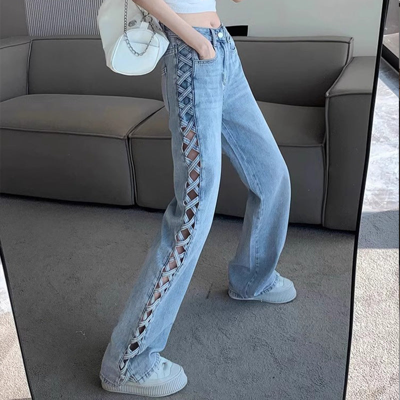 American-style Hollow-out Wide-leg Jeans Women's Spring/Summer 2024 Design Sense Slim-fit All-match Thin High Waist Trousers