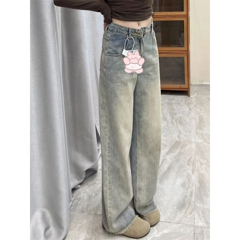 Small Tall Distressed Cement Frayed Straight Jeans For Women 2024 Spring And Summer New Draping Pants