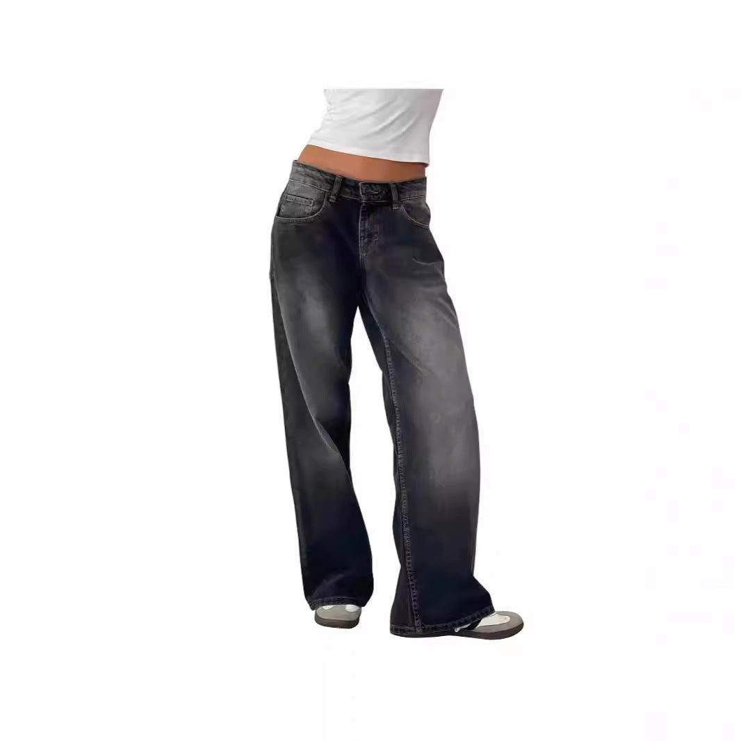 American Style Retro Low Waist Non-Elastic Washed Straight Jeans Women's Autumn New Street Wide Leg Denim Women's Pants