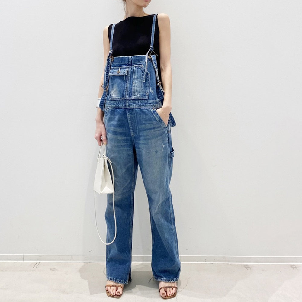 In Stock 2024 Spring And Summer Women's Jeans Suspender Pants Foot Split Straight Cylinder Suspender Pants Vintage Multi-Pocket Cock Pants