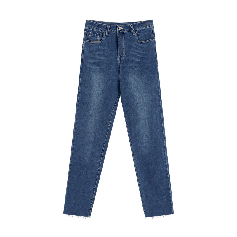 Straight-Leg Jeans, Slim Fit Nine-Point Pants, Frayed Cigarette Pants, Baguette Versatile Retro High-Waisted Pants