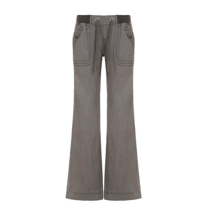 Foreign Trade American Style Retro Street Pocket Hot Girl Straight Tooling Trousers Women's Casual Outdoor Strap Low Waist Jeans