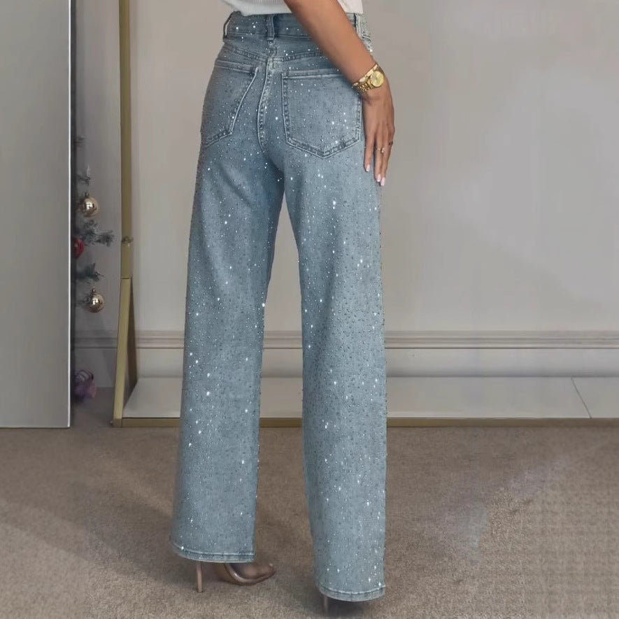 Foreign Trade European And American Amazon Women's Full Diamond Washed Jeans Women's High-End High-Waisted Straight Pants Sexy Pants