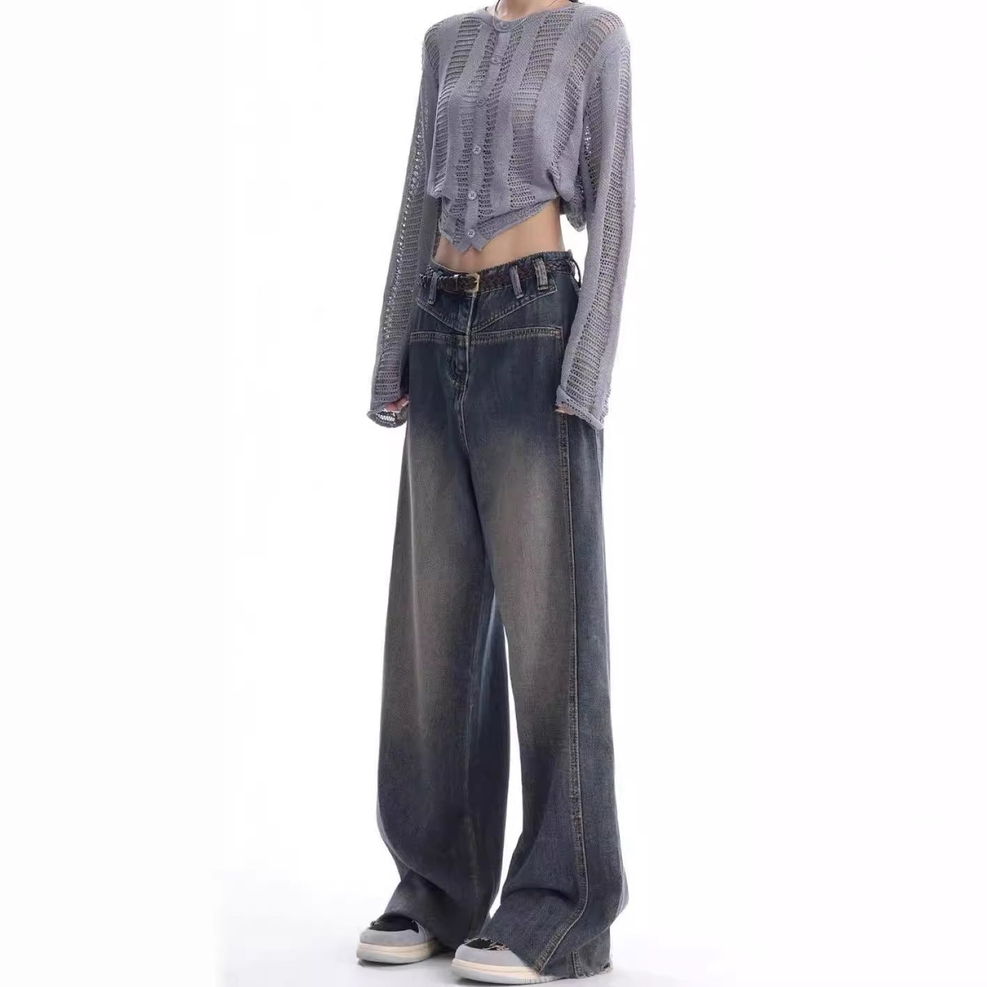 American High Street Retro Distressed Wide-Leg Jeans For Women In Autum 2025 New Mid-High Waist Fashionable Slim Floor-Length Pants