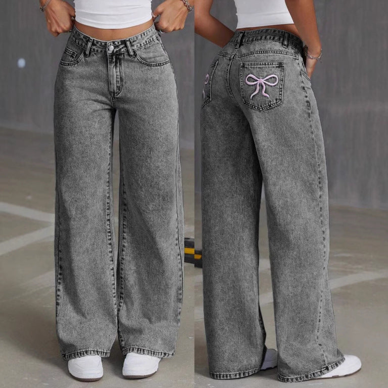 Cross-Border Shein Amazon Bow Embroidered Jeans For Women, Sweet And Spicy Style High-Waisted Straight Pants, Loose Pants
