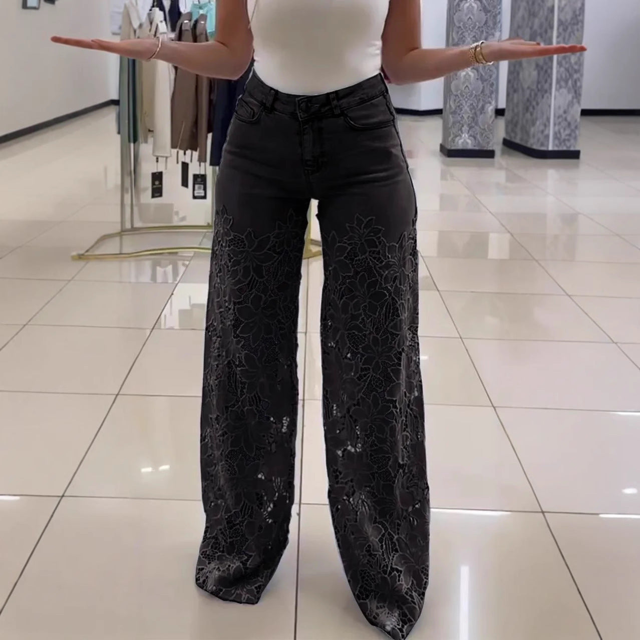 2025 High-Waisted Wide-Leg Pants For Women, Spring And Summer Fashion, Versatile, Hollow Lace Splicing Denim Draped Pants
