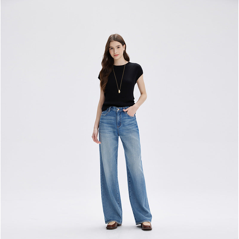2025 New Summer Lyocell High-End Jeans Women's Non-Elastic Loose High Waist Nine-Point Straight-Leg Pants Cross-Border