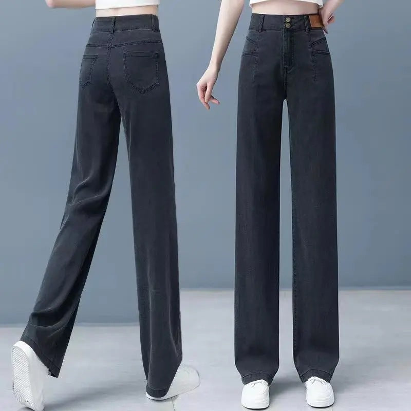Ice Silk Wide Leg Jeans Women's 2026 New High Waist Slim Pants Summer Thin Tencel Drape Straight-Leg Pants