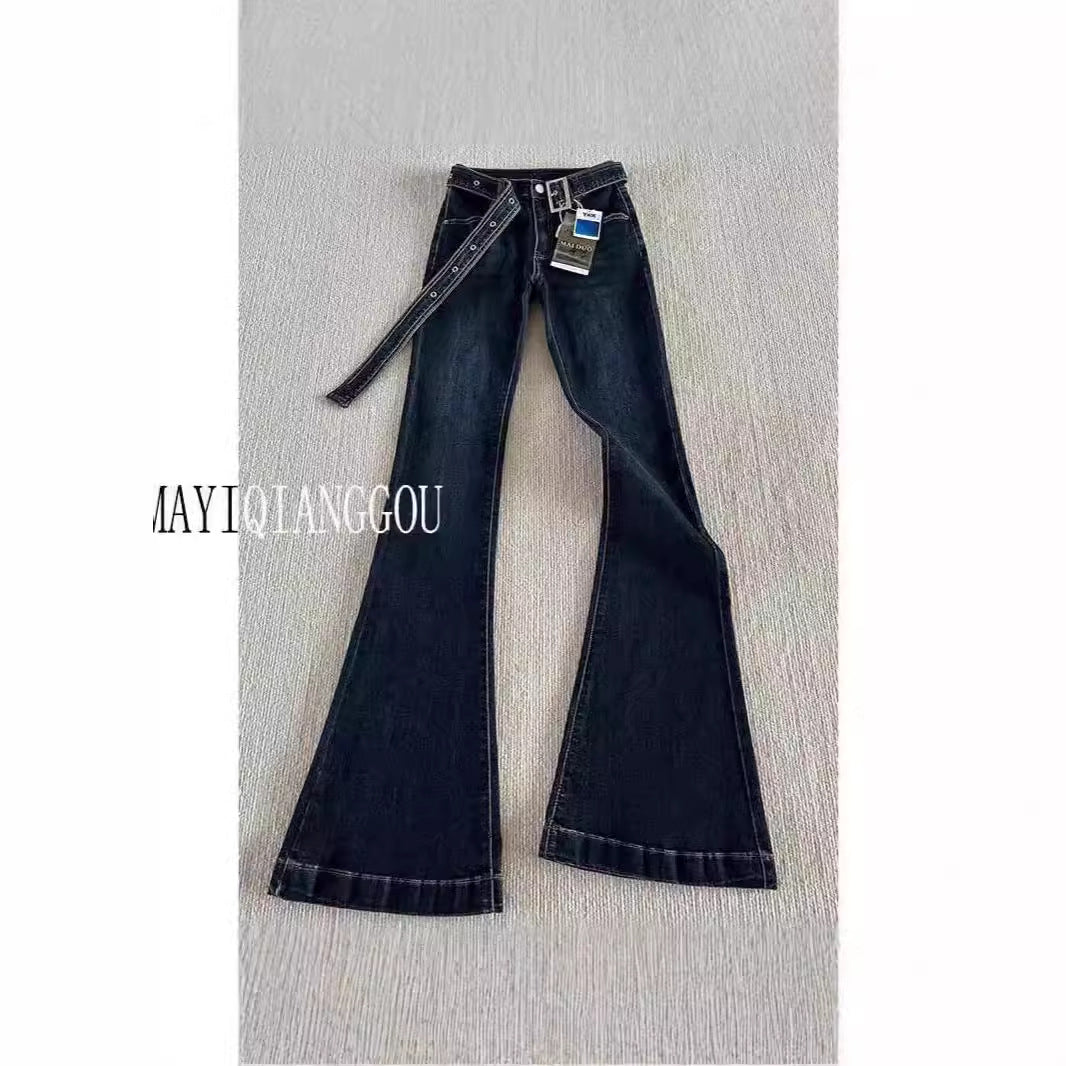 Belt Low Waist Slim-fit Retro Hong Kong-style Micro-flared Jeans Women's Autumn And Winter High-fit Slimming Stretch Trousers