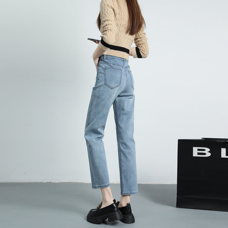 2025 Spring And Summer Hot Style Tall And Slim Straight-Leg Nine-Point Jeans Women's Fashionable High Waist Leg-Length Cigarette Pants