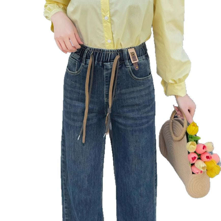 Women's Elastic Waist Jeans 2025 New Spring High Waist Loose Casual Pants Women's Slim Narrow Straight Pants