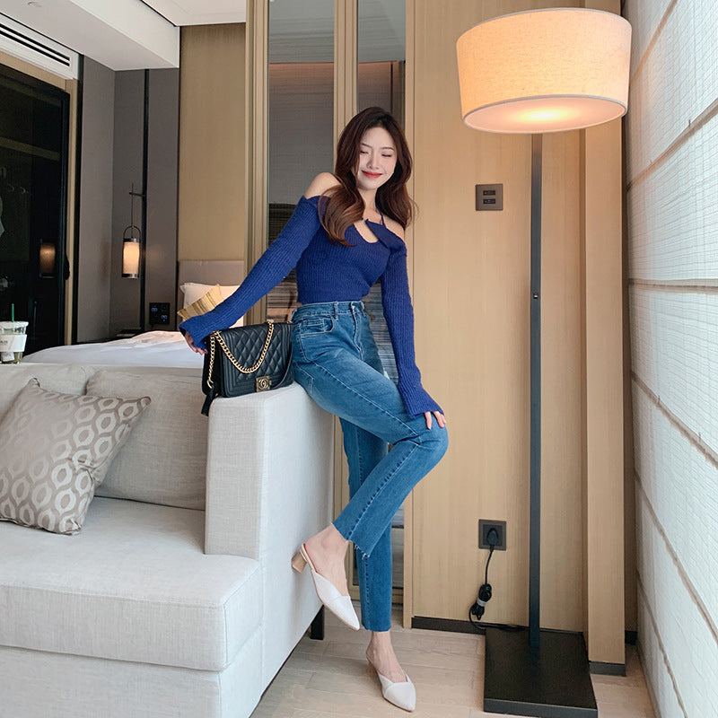 Straight-Leg Jeans, Slim Fit Nine-Point Pants, Frayed Cigarette Pants, Baguette Versatile Retro High-Waisted Pants