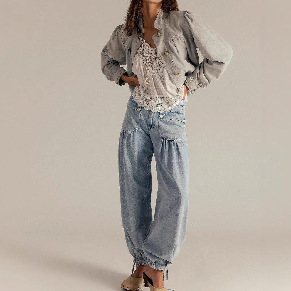 2025 Independent Station New Pleated Mid-Waist Loose Wide-Leg Lotus Jeans For Women