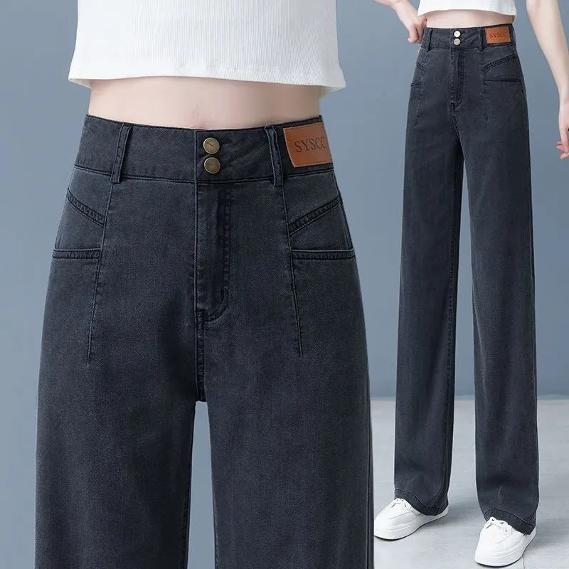 Ice Silk Wide Leg Jeans Women's 2026 New High Waist Slim Pants Summer Thin Tencel Drape Straight-Leg Pants