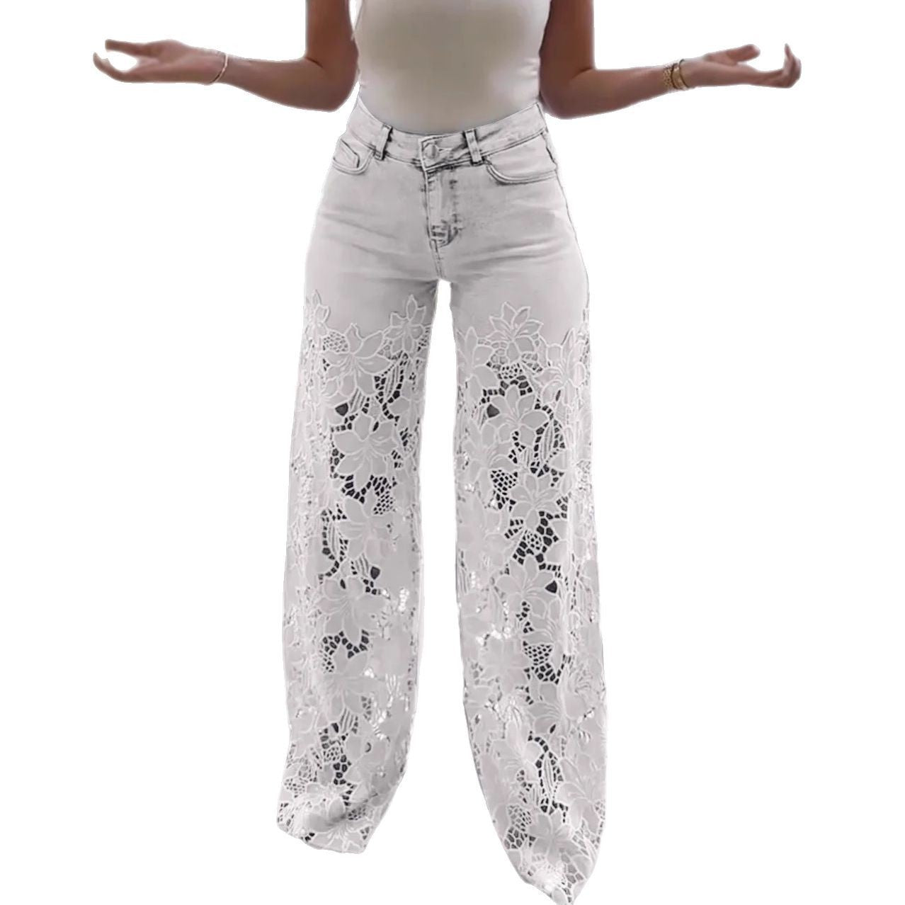 2025 High-Waisted Wide-Leg Pants For Women, Spring And Summer Fashion, Versatile, Hollow Lace Splicing Denim Draped Pants