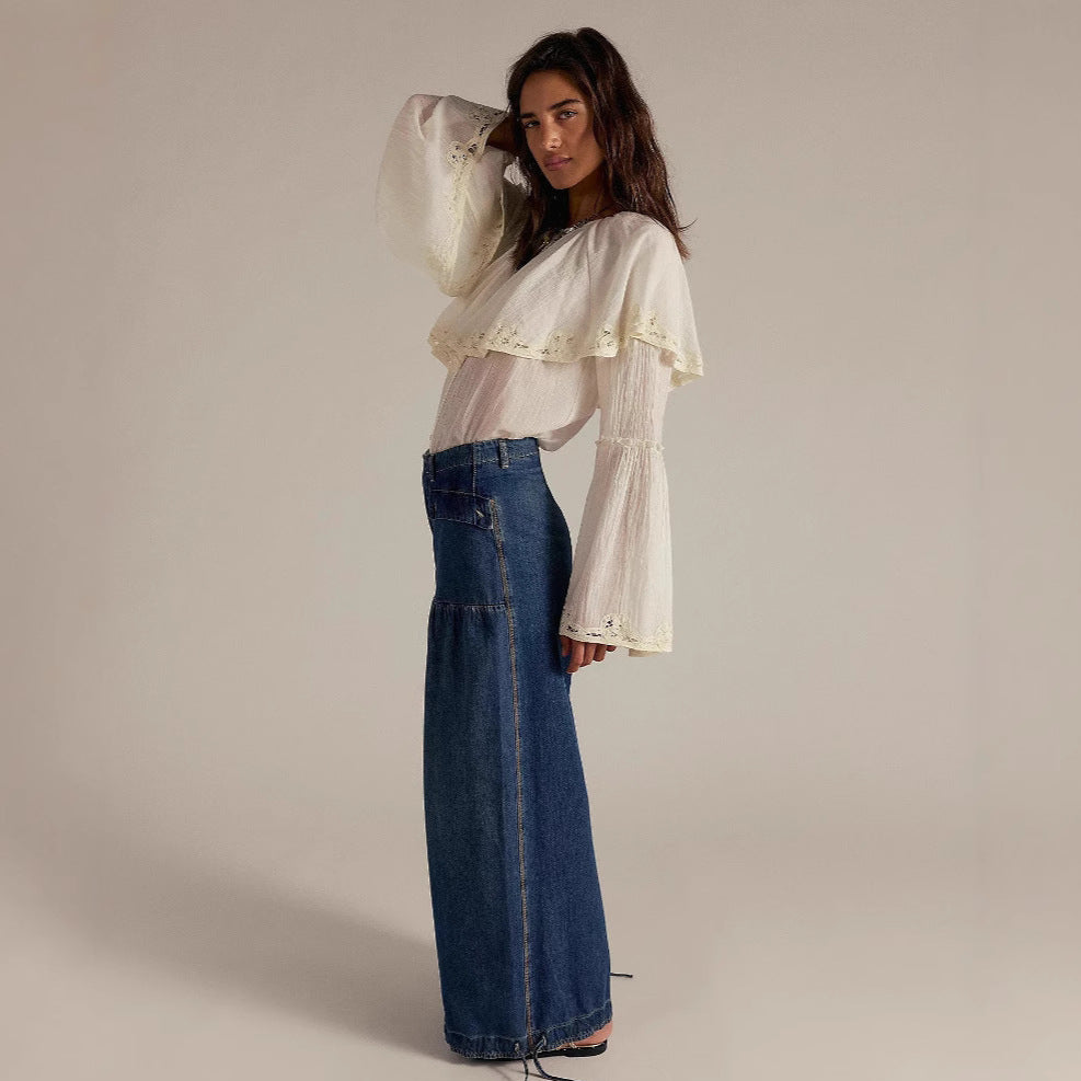 2025 Independent Station New Pleated Mid-Waist Loose Wide-Leg Lotus Jeans For Women