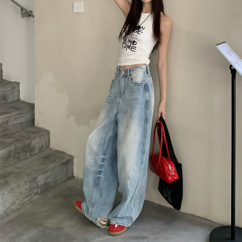 American-style Grinding White Scratch Wide Leg Low Waist Slimming Loose Dipped Straight Jeans For Children
