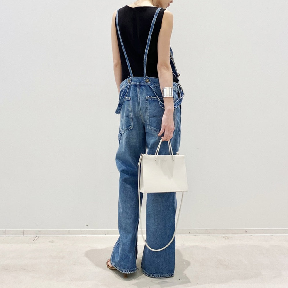 In Stock 2024 Spring And Summer Women's Jeans Suspender Pants Foot Split Straight Cylinder Suspender Pants Vintage Multi-Pocket Cock Pants