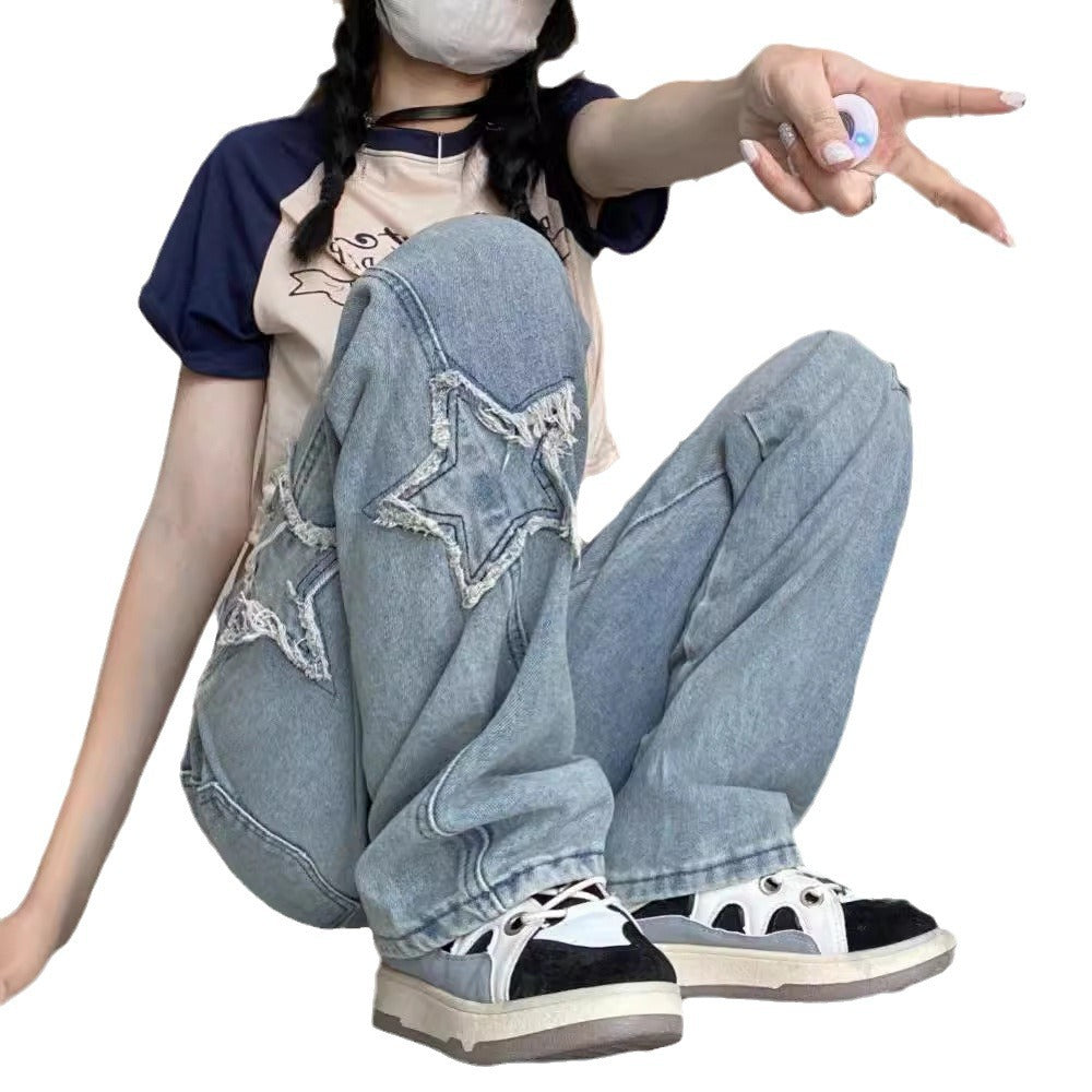 Five-Pointed Star Patch Jeans For Women Spring And Summer New Embroidered High-Waisted Loose Wide-Leg Pants Straight-Leg Floor-Length Pants Trendy