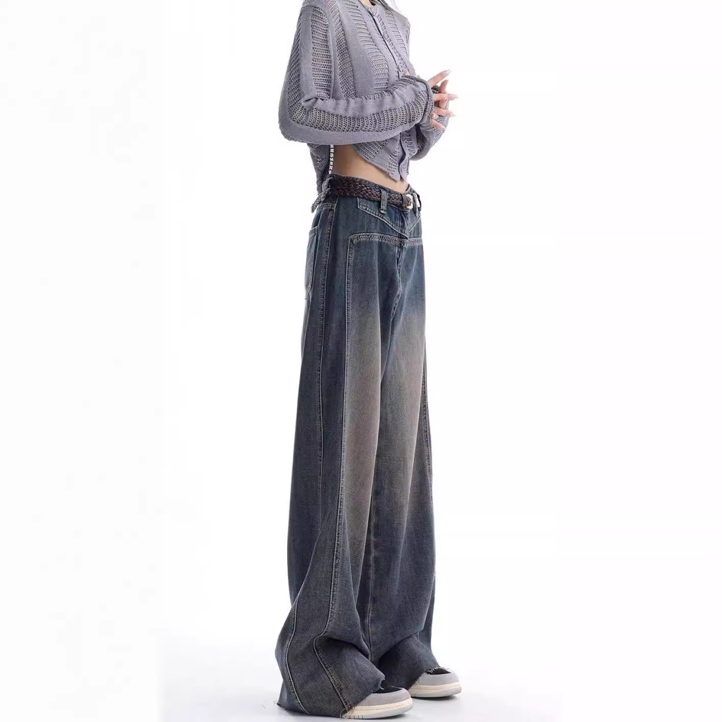 American High Street Retro Distressed Wide-Leg Jeans For Women In Autum 2025 New Mid-High Waist Fashionable Slim Floor-Length Pants