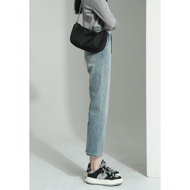 Straight-Leg-Leg Jeans For Women 2025 Early Spring New Hot Style High-Waisted Loose Slimming Look Straight Nine-Point Narrow Cigarette Pipe Pants