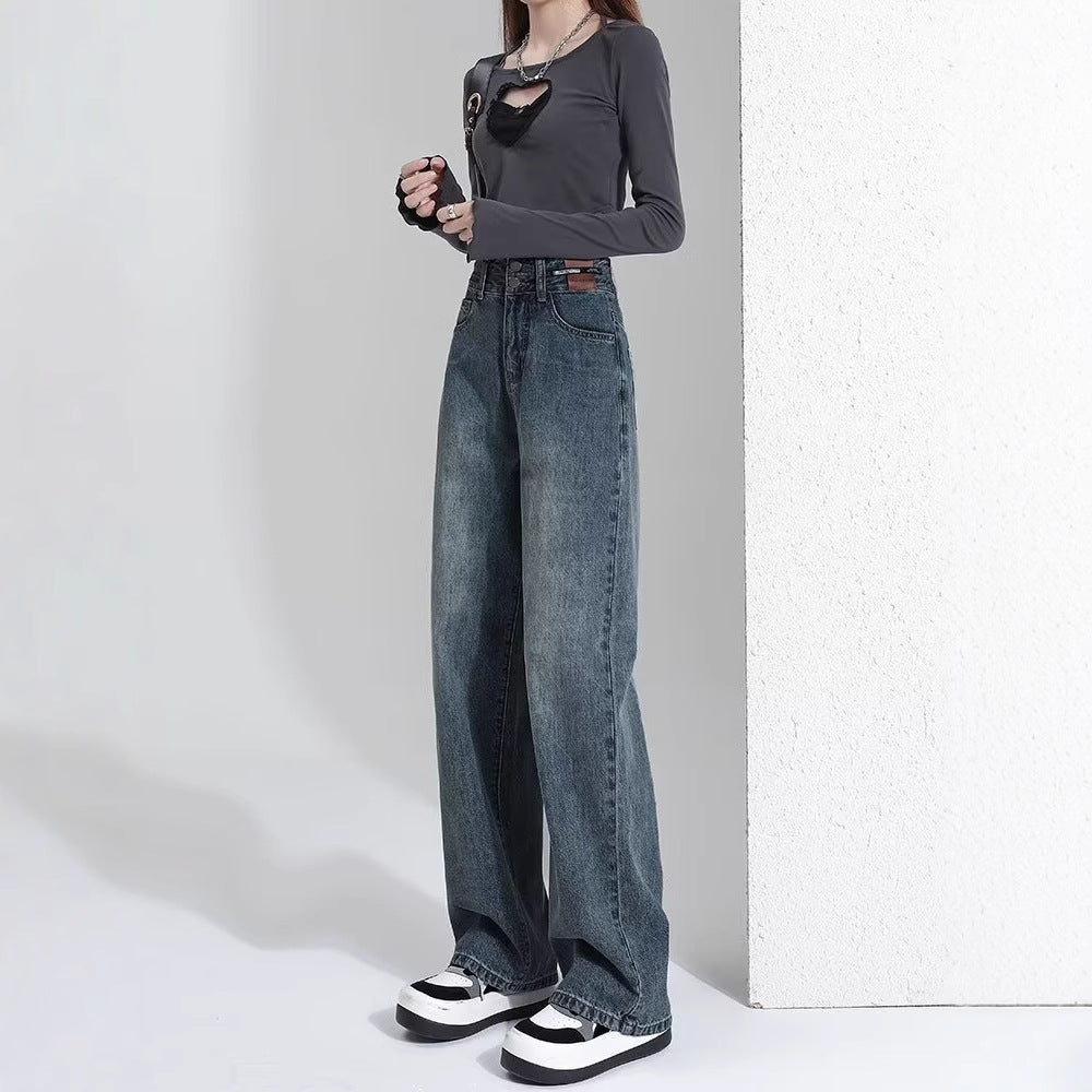 Hong Kong Style Trendy Jeans Women's Spring Summer Autumn New High Waist Wide Leg Narrow Straight Pants Slim Look High Leg Long All-match