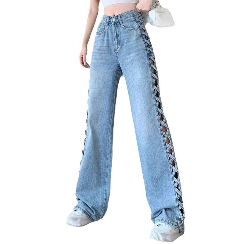 American-style Hollow-out Wide-leg Jeans Women's Spring/Summer 2024 Design Sense Slim-fit All-match Thin High Waist Trousers