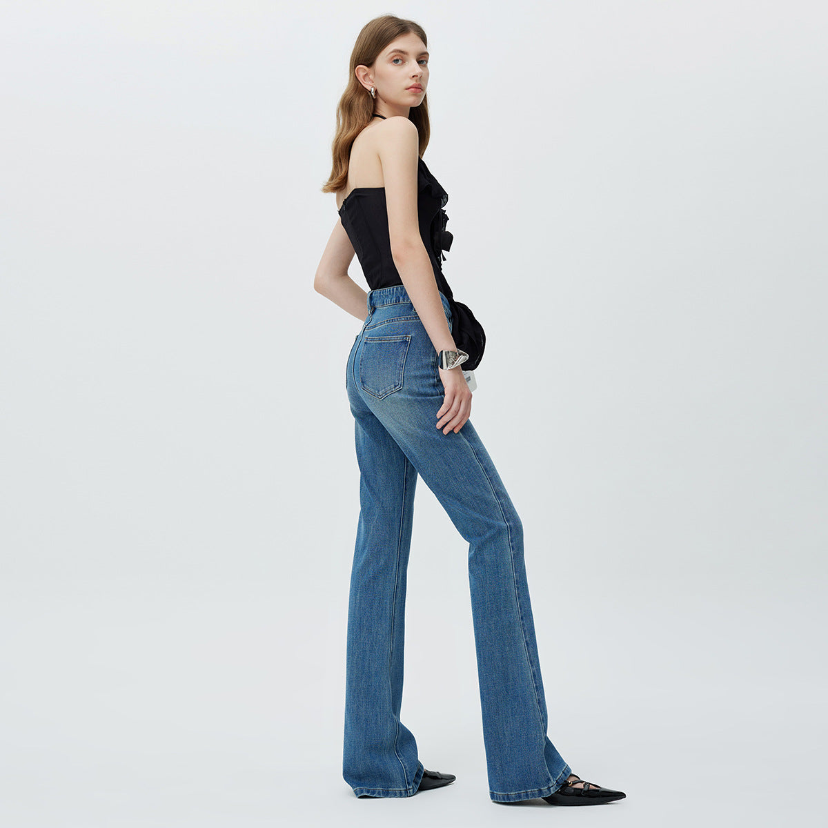 High-End 2025 New Four-Way Stretch Flared Stretch Jeans For Women Dark Blue Slim Fit Versatile Long Pants Trendy