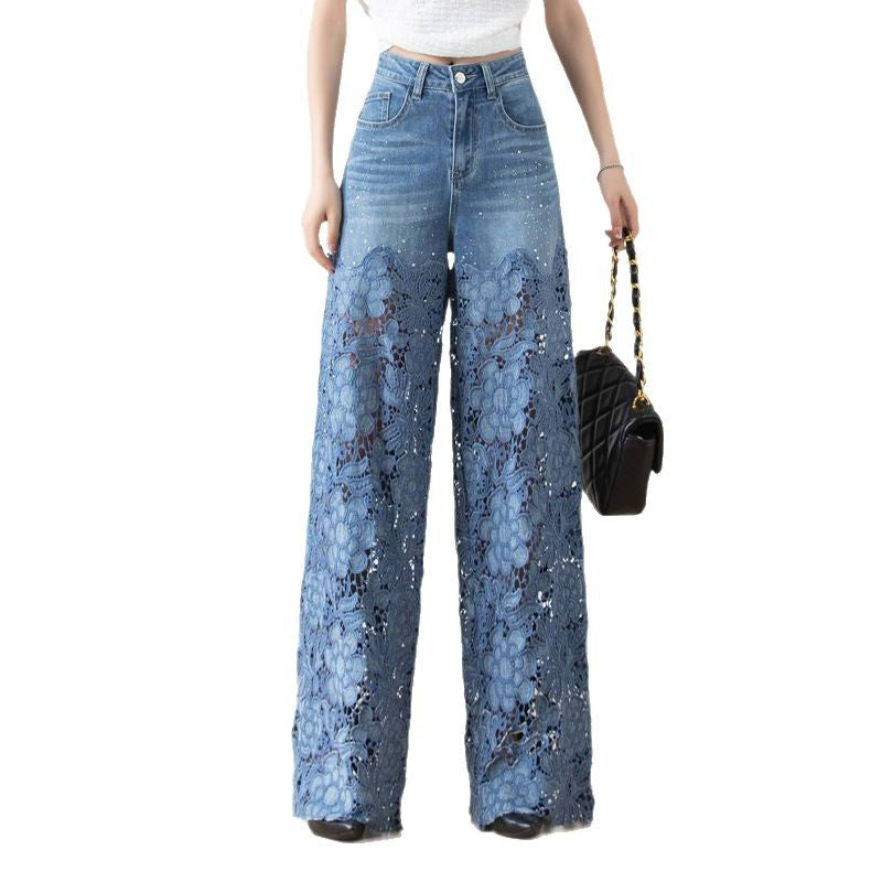High-Waisted Wide-Leg Pants For Women 2025 Summer New Fashion Elegant Versatile Hollow Lace Splicing Denim Draped Pants