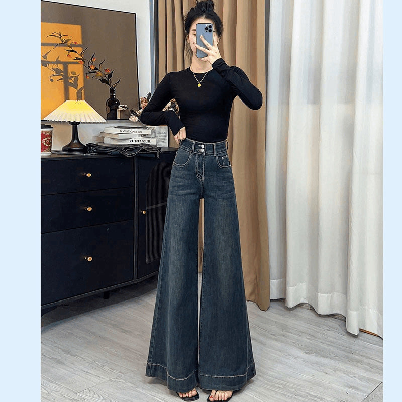 High-Waisted Wide-Leg Jeans For Women In Autumn, Loose, Slim, Longed, Versatile Stretch Straight Pants For Small People