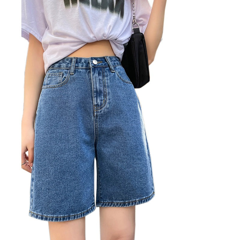 High Waist A- Line Casual Denim Shorts Women's Summer Thin Mid-Pants Large Size Chubby Girl Loose Straight Wide Leg Pants
