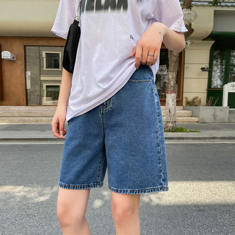 High Waist A- Line Casual Denim Shorts Women's Summer Thin Mid-Pants Large Size Chubby Girl Loose Straight Wide Leg Pants