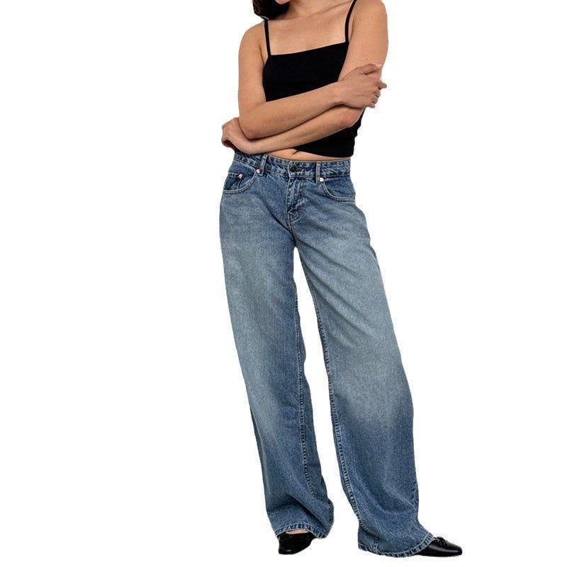 American Style Retro Low Waist Non-Elastic Washed Straight Jeans Women's Autumn New Street Wide Leg Denim Women's Pants