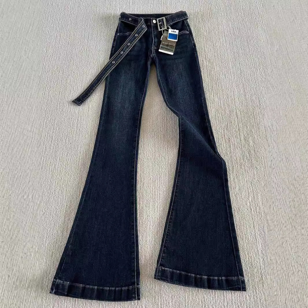Belt Low Waist Slim-fit Retro Hong Kong-style Micro-flared Jeans Women's Autumn And Winter High-fit Slimming Stretch Trousers