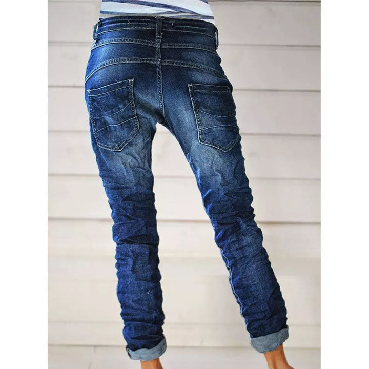 2022 New Product Cross-Border European And American Ripped Denim Drawstring Elastic Waist Washed Casual Pants For Women Trendy