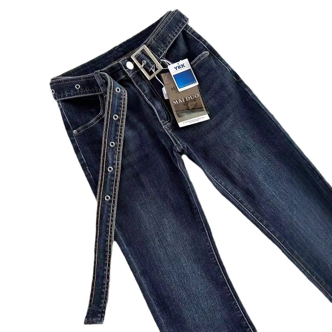 Belt Low Waist Slim-fit Retro Hong Kong-style Micro-flared Jeans Women's Autumn And Winter High-fit Slimming Stretch Trousers
