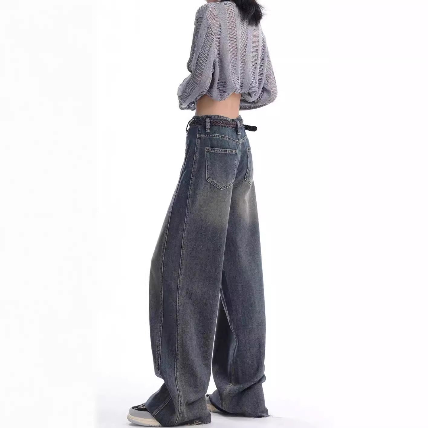 American High Street Retro Distressed Wide-Leg Jeans For Women In Autum 2025 New Mid-High Waist Fashionable Slim Floor-Length Pants